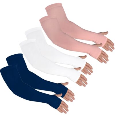 3 Pairs of UV Sun Protection Arm Sleeves for Golf, Tennis, and Volleyball - one pink, one white, one blue.