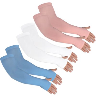 Three pairs of Kinship UV Sun Protection Arm Sleeves, one pink, one white and one blue.