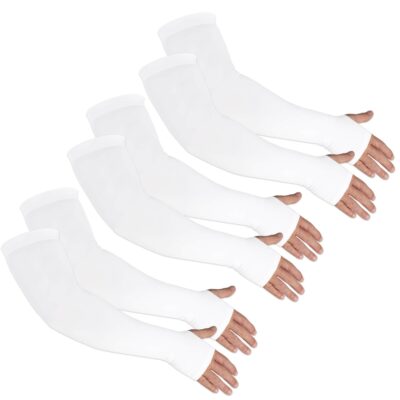 3 Pairs of white UV Sun Protection Arm Sleeves for Golf, Tennis, and Volleyball.
