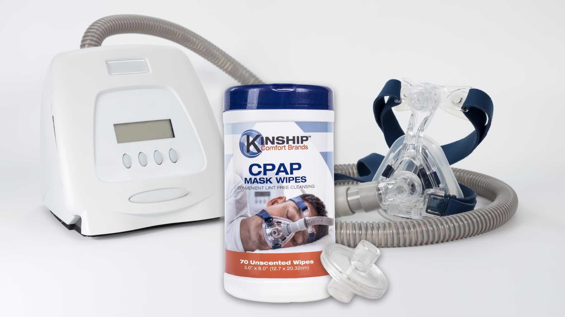 CPAP Machine, mask and filter with CPAP mask wipes.