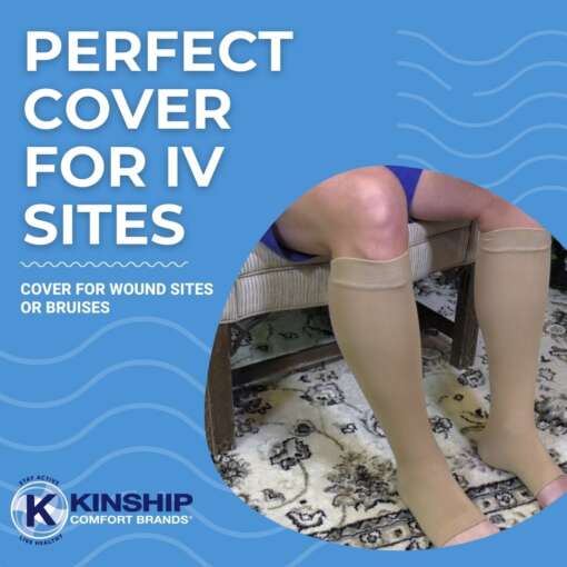 Elderly man wearing protective leg sleeves, and text about their benefits.