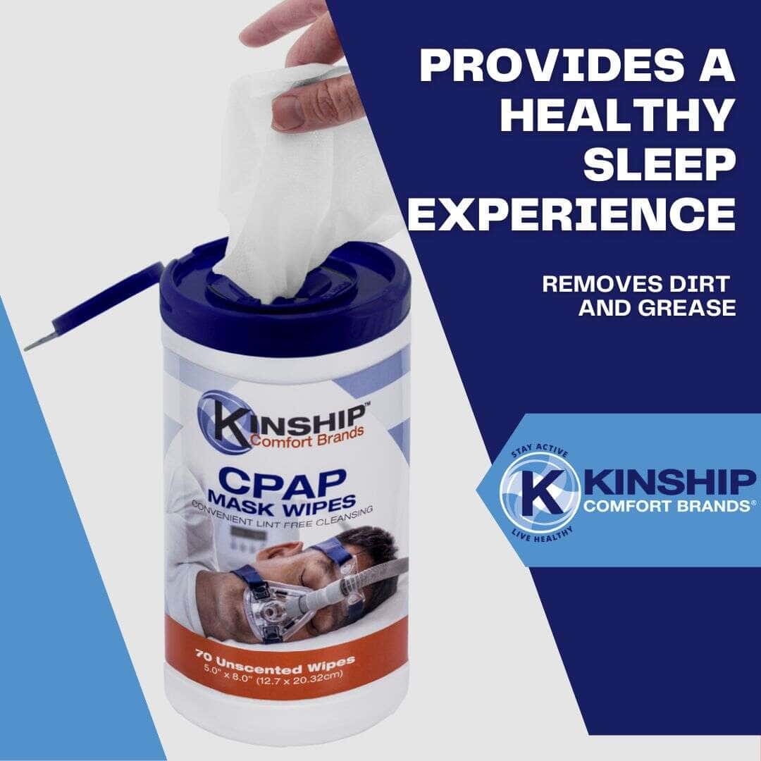 Kinship Mask Wipes, and a quote “provides a healthy sleep experience” next to it.
