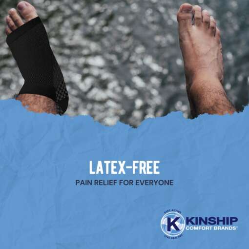 A man's feet, one foot with a black ankle sleeve, and text about how these latex free sleeves provide pain relief.