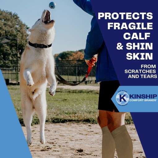 Man wearing protective leg sleeves, playing with his dog, and text about protective leg sleeves benefits.