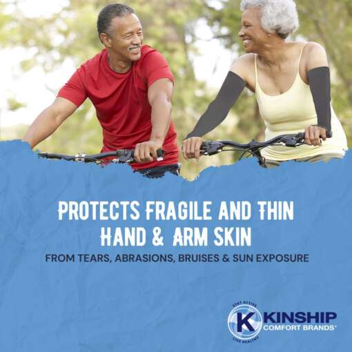 Elderly couple riding bikes, with the woman wearing arm sleeves, and text below about thin skin protective arm sleeves benefits.