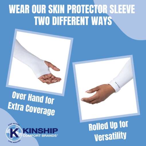 Image of two arms wearing white protective arm sleeves, text about their features.