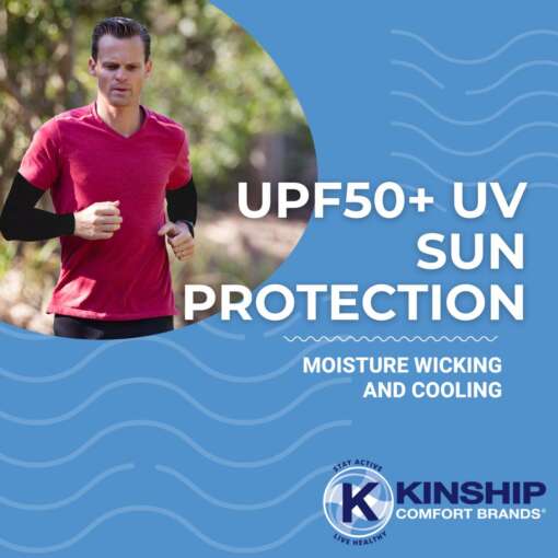 Image of man jogging with trees in the background, overlaid with Kinship logo and sun protection sleeves benefits.