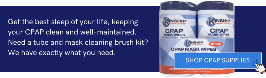 Blue background and a call to action button promoting Kinship CPAP Mask Wipes.
